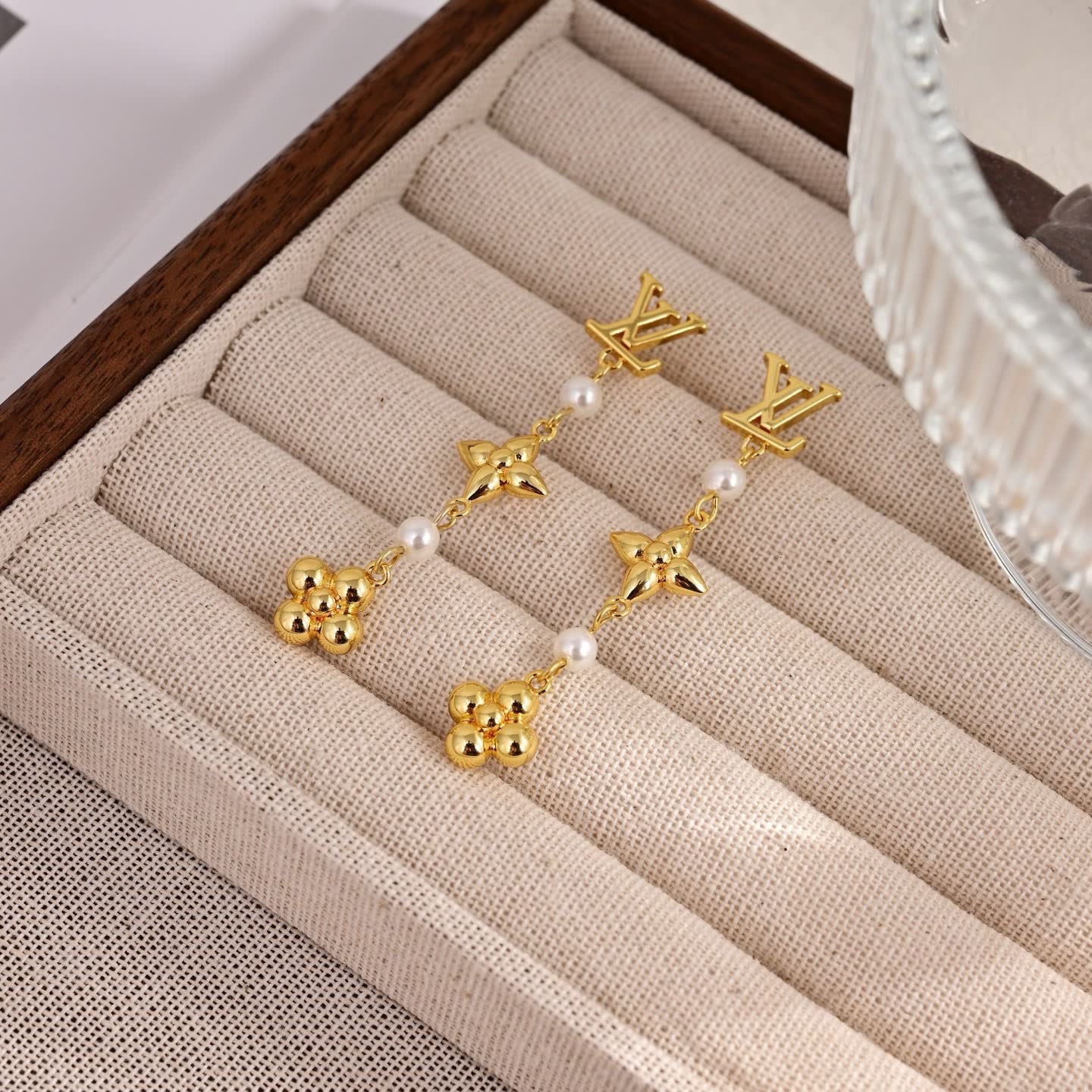 Louis Vuitton Gold Letter and Flower Tree Pearl Earrings